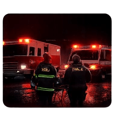 First responders standing in front of fire and ambulance vehicles at night