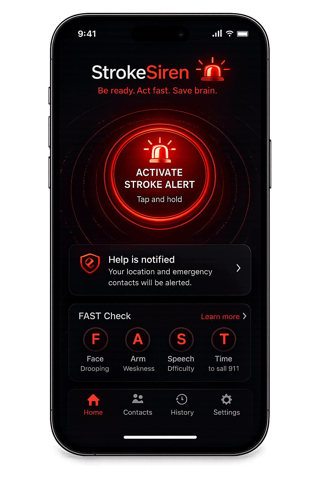 StrokeSiren phone showing an active stroke alert with care team avatars and a 6-minute EMS ETA